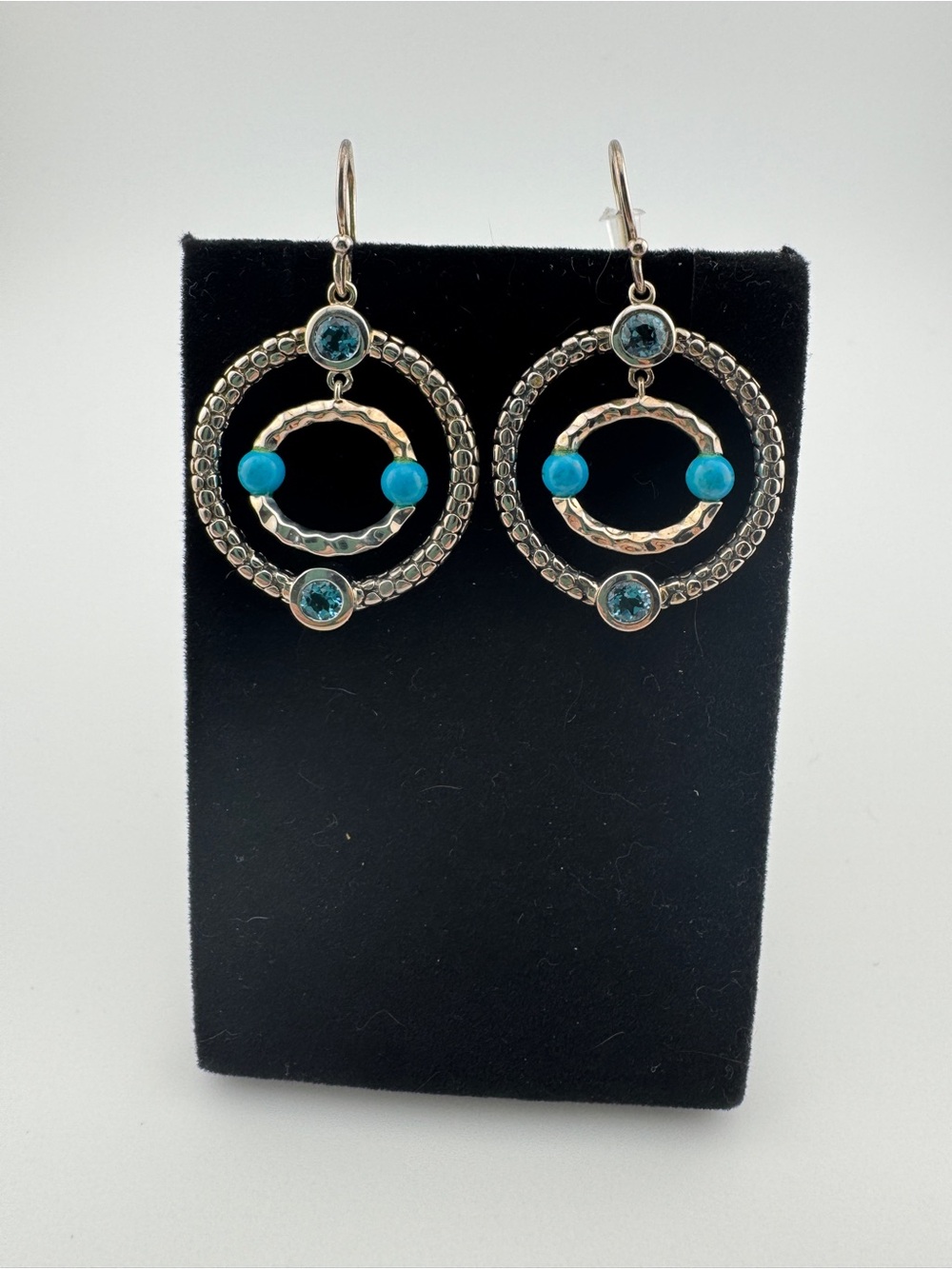 Michael Dawkins Sterling Silver
Turquoise and Blue Topaz Pebbled
Dangly Earrings